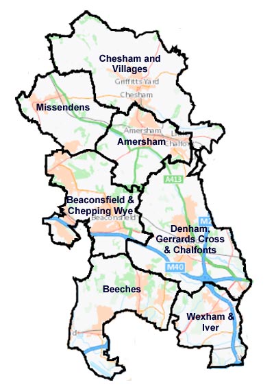 Buckinghamshire Council Community Board boundaries within Chiltern and South Bucks