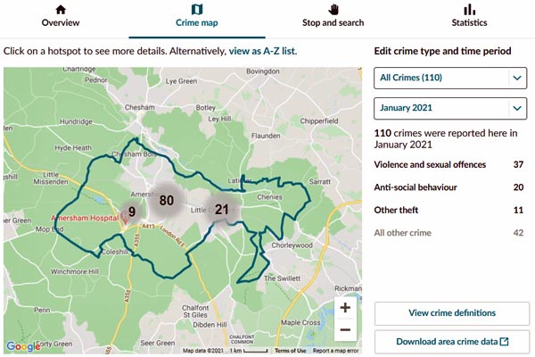 screenshot of crime map data amersham jan 21