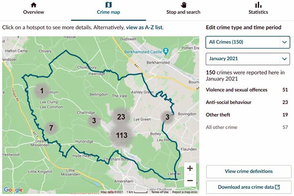 screenshot of crime map data chesham jan 21