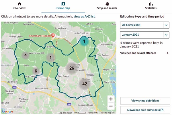 screenshot of crime map data denham and gerrards cross jan 21