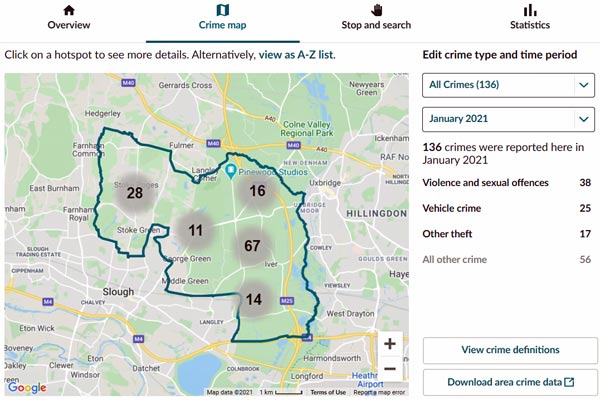 screenshot of crime map data iver stoke poges wexham jan 21