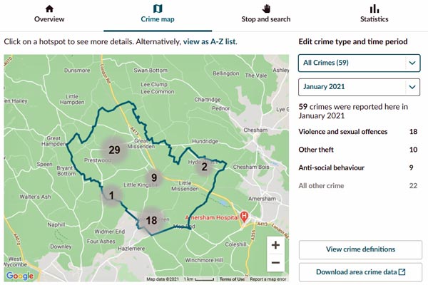 screenshot of crime map data missendens jan 21