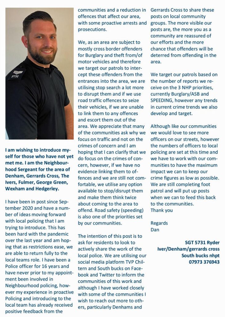 article by neighbourhood policing sergeant dan ryder in in and around iver magazine august 21