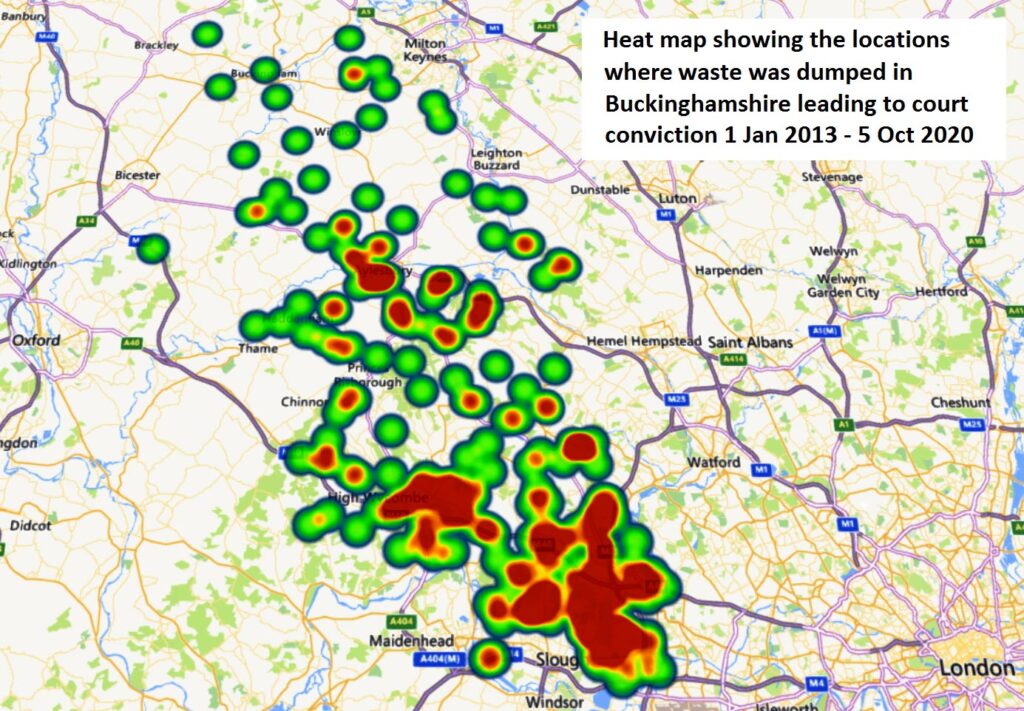 heat map of convictions for fly tipping in Buckinghamshire