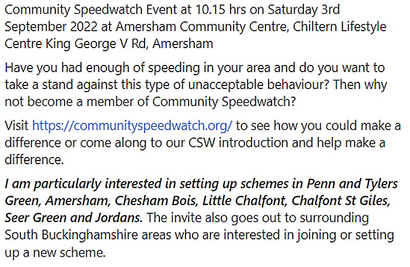 details of Community Speedwatch meeting Amersham 3 sept 2022