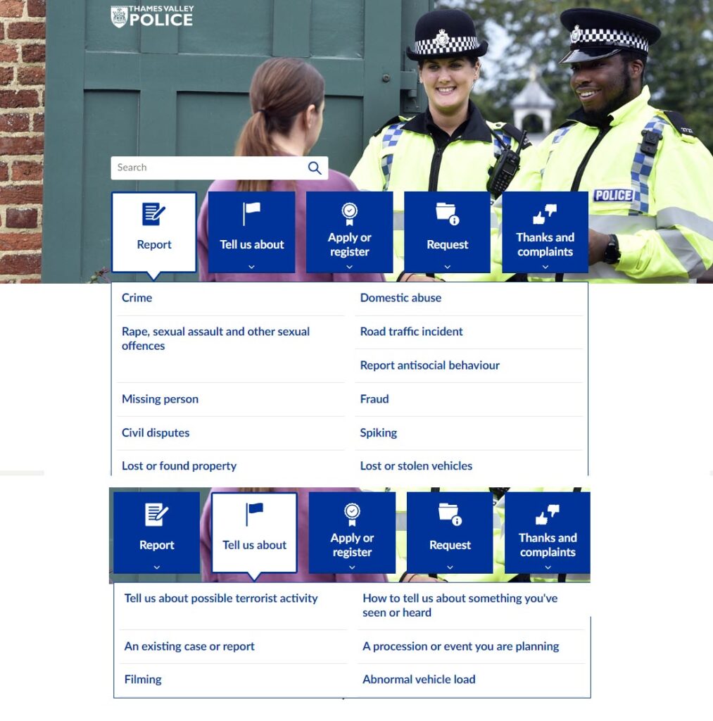 Report and Tell us about options from Thames Valley Police website