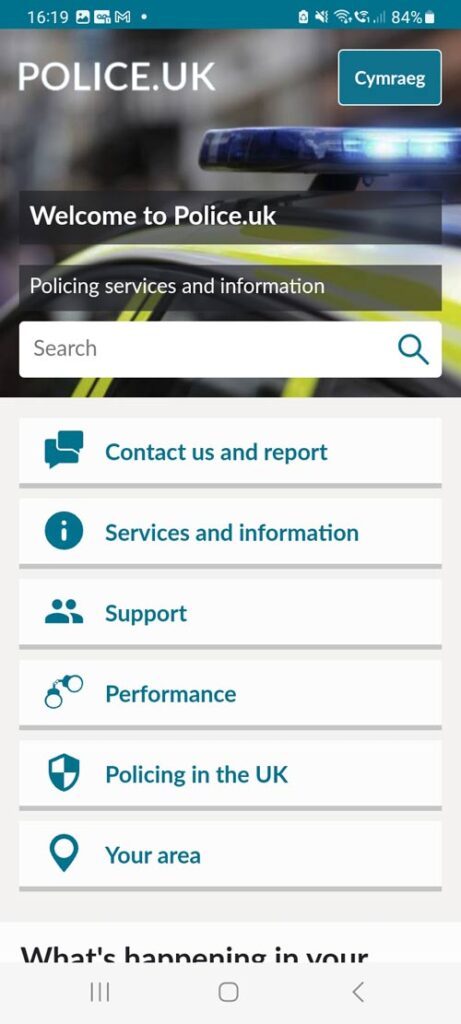 main menu options on police.uk app