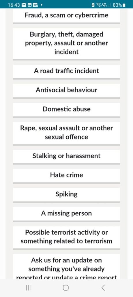 reporting options on police.uk app